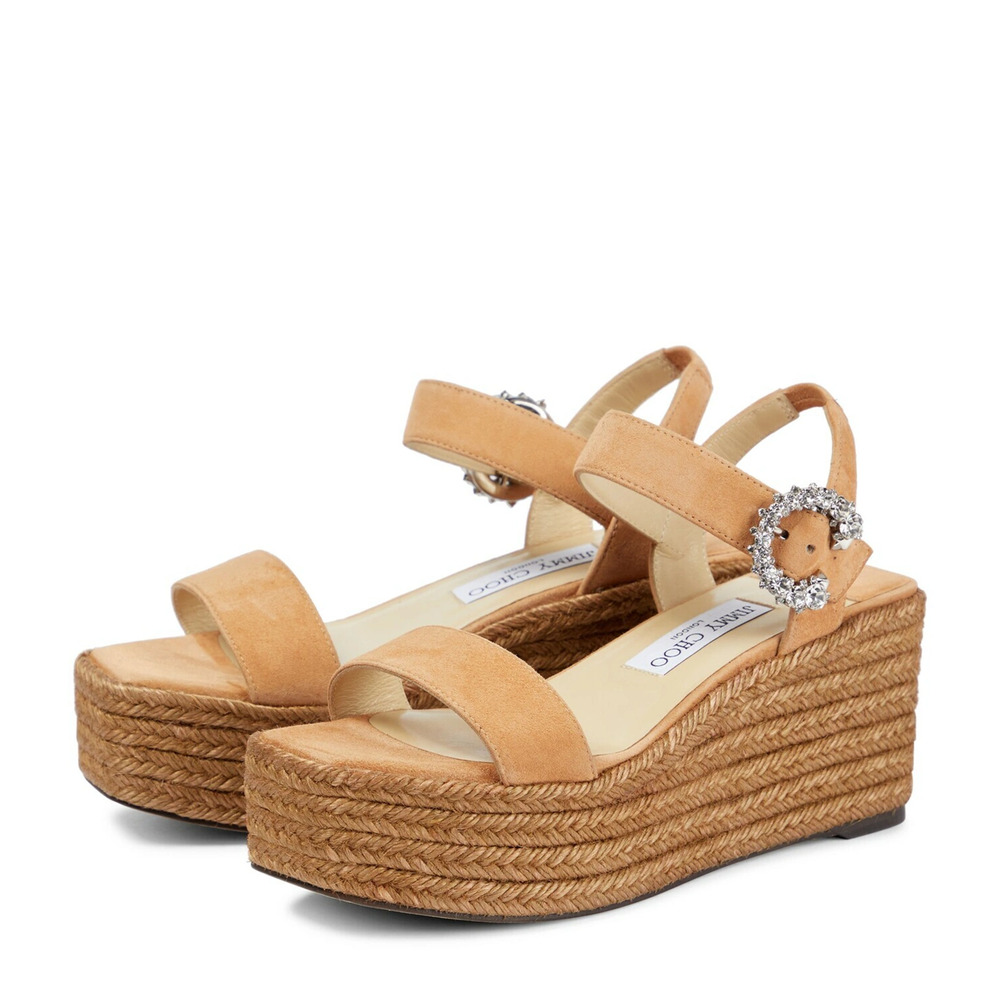 Jimmy Choo Mirabelle 70 Crystal Suede Espadrille Wedge Sandals Beige EU 37.5